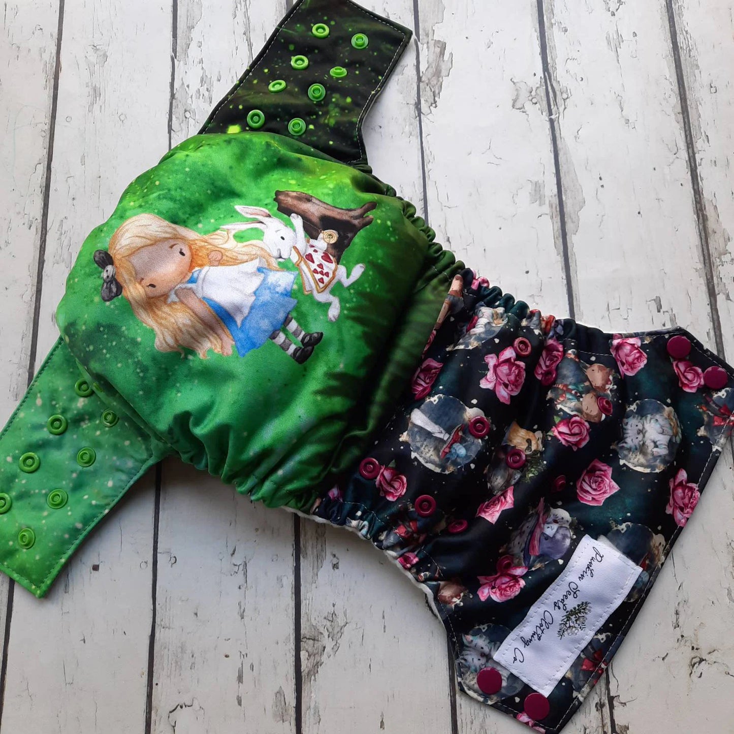Organic One Size Side Snap All in One Cloth Diaper Alice and the White Rabbit AIO PUL 10-48 lbs