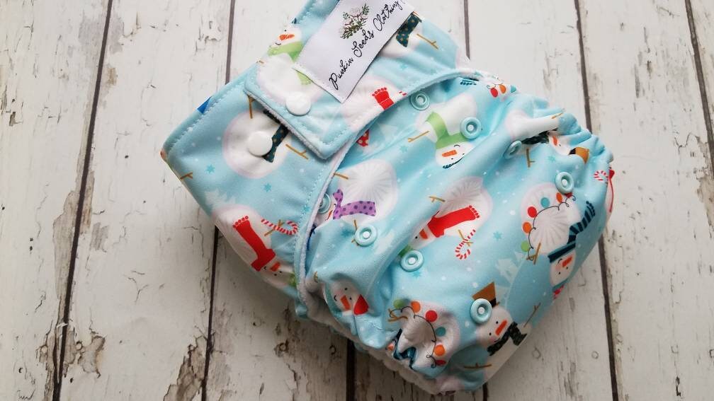 One Size Pocket Cloth Diaper Snowman 10-40 lbs
