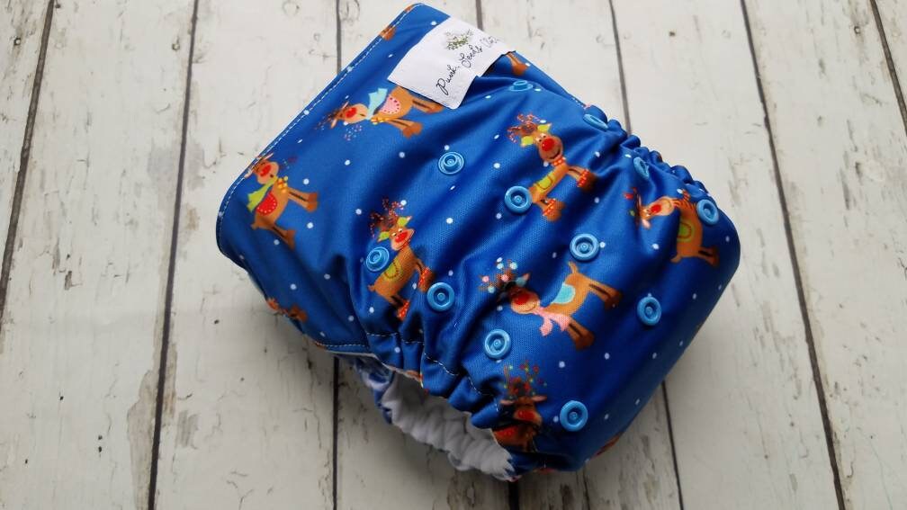 One Size Side Snap Pocket Cloth Diaper Reindeer 10-48 lbs