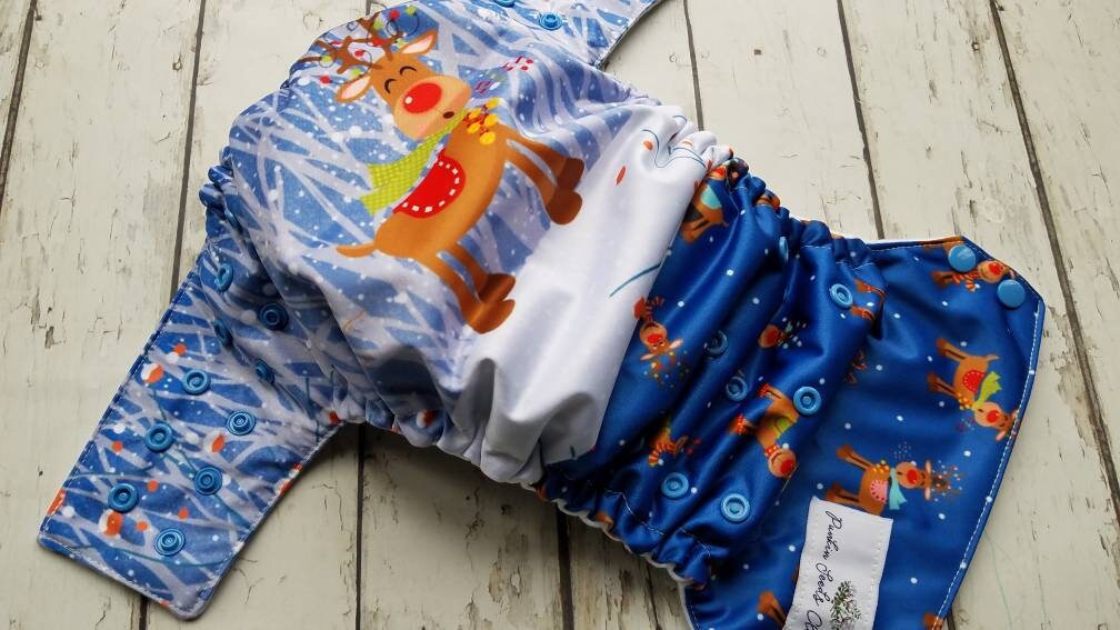 One Size Side Snap Pocket Cloth Diaper Reindeer 10-48 lbs