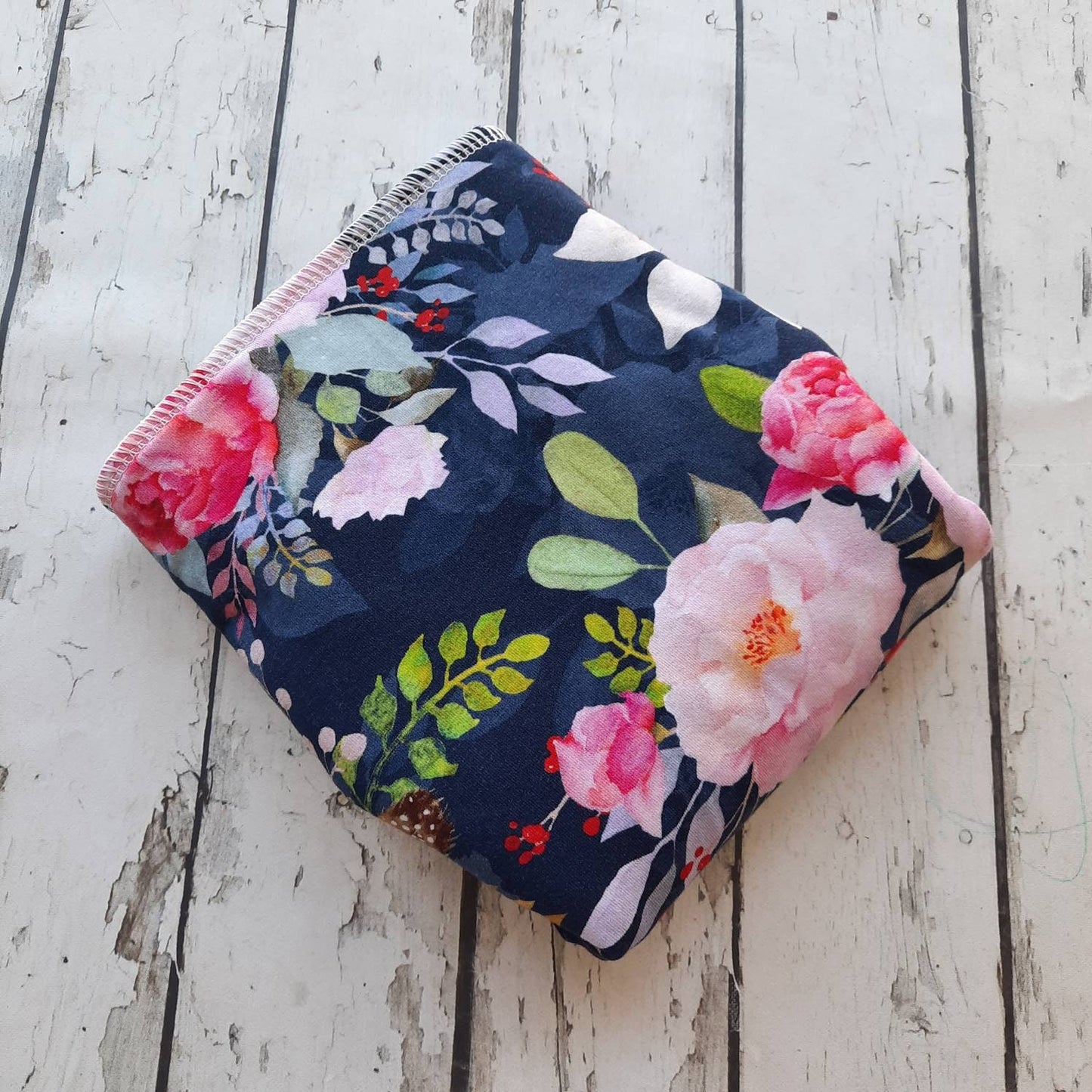 Toddler Organic Winged Prefold Cloth Diaper Stretchy Preflat Roses on Navy 25-60 lbs