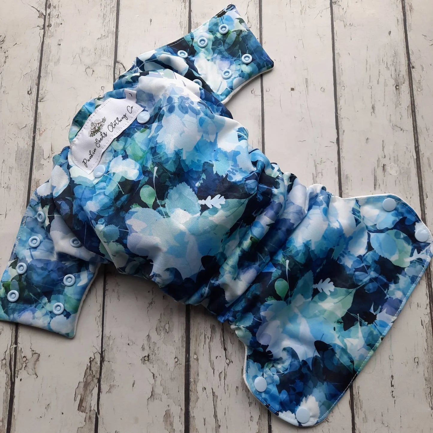 Organic Side Snap All in One Cloth Diaper Blue Foliage AIO PUL Sized Made to Order