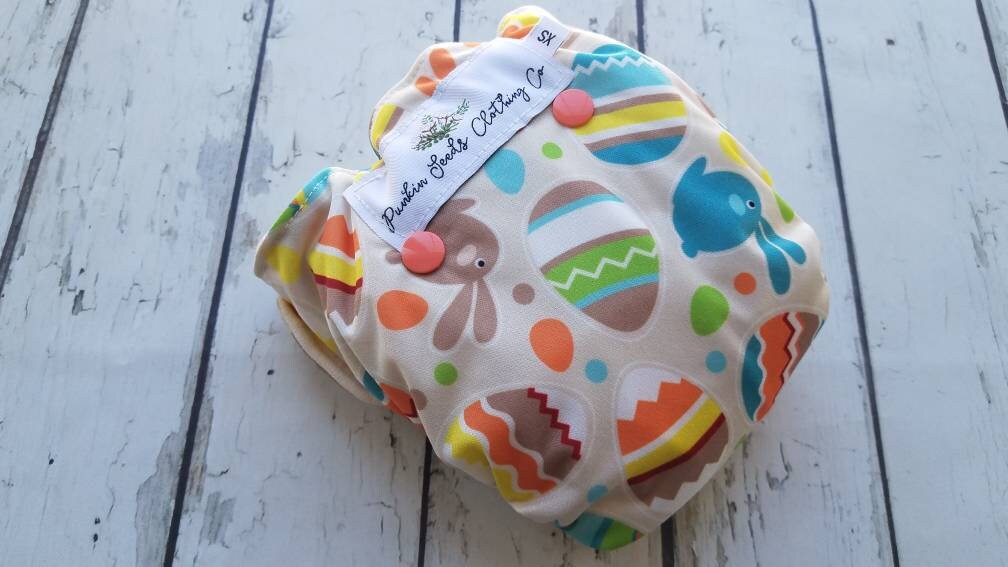 Organic Side Snap All in One Cloth Diaper Easter Egg Toss AIO PUL Sized Made to Order