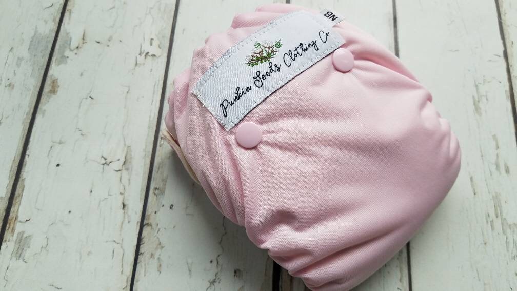Side Snap Organic Cotton All in One Cloth Diaper Light Pink AIO PUL Sized