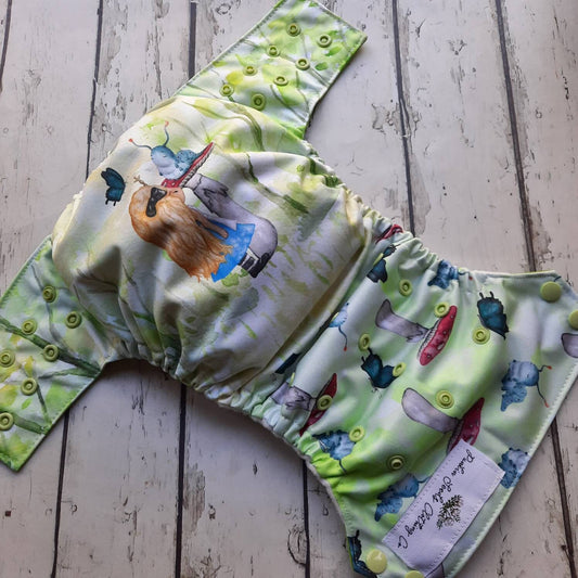 Organic One Size Side Snap All in One Cloth Diaper Alice and the Caterpillar AIO PUL 10-48 lbs