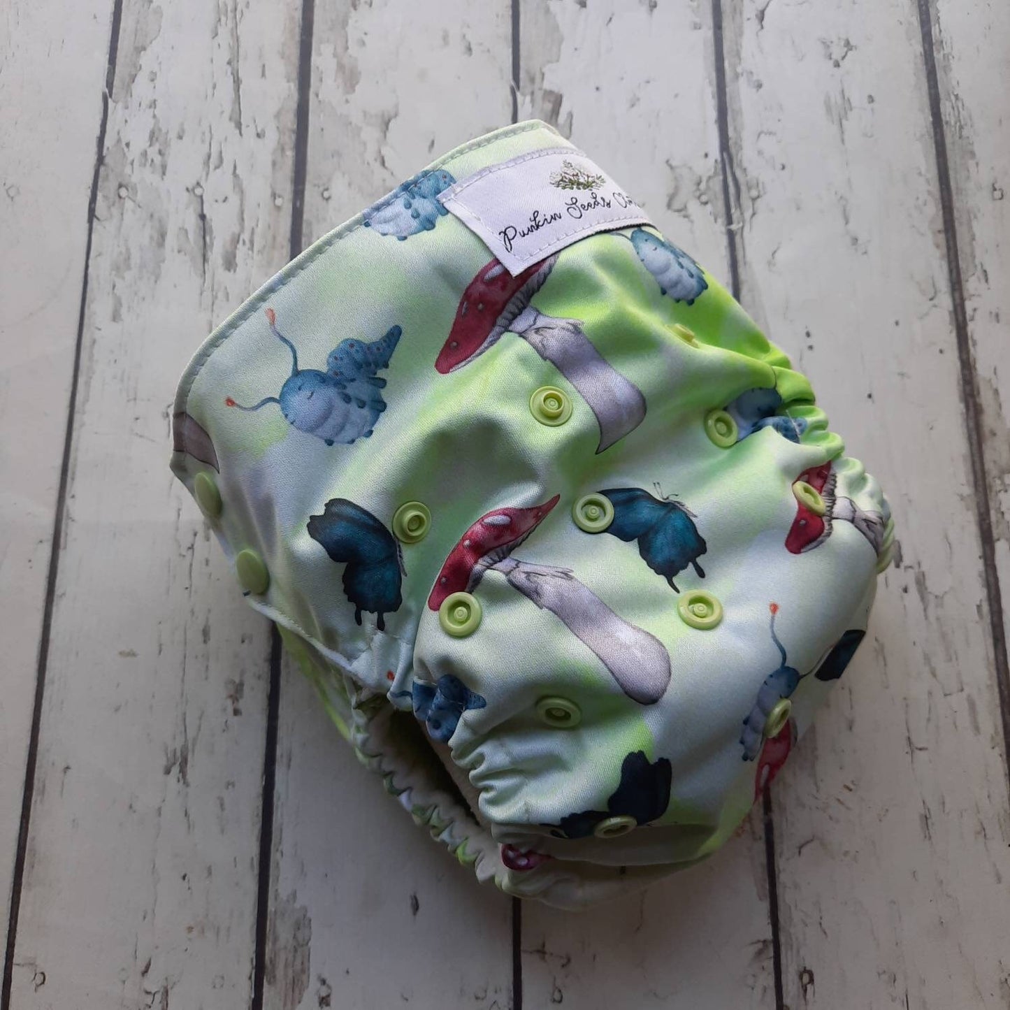 Organic One Size Side Snap All in One Cloth Diaper Alice and the Caterpillar AIO PUL 10-48 lbs