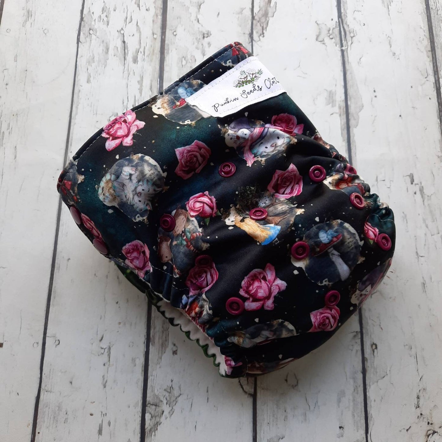 Organic One Size Side Snap All in One Cloth Diaper Alice and the White Rabbit AIO PUL 10-48 lbs