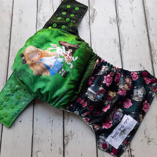 Organic One Size Side Snap All in One Cloth Diaper Alice and the White Rabbit AIO PUL 10-48 lbs