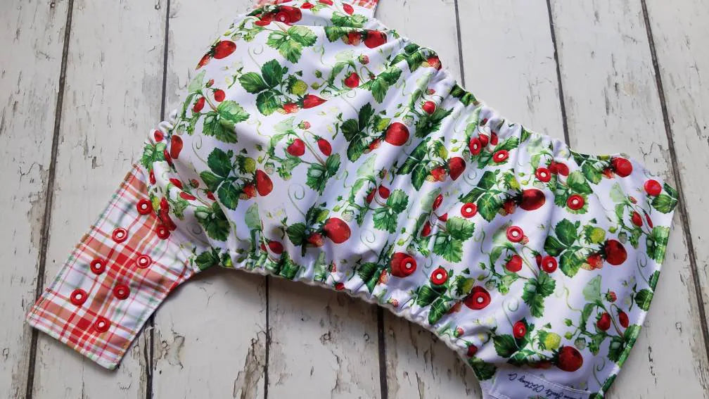 Organic One Size Side Snap All in One Cloth Diaper Ripe on the Vine/Berry Red Plaid AIO PUL 10-48 lbs