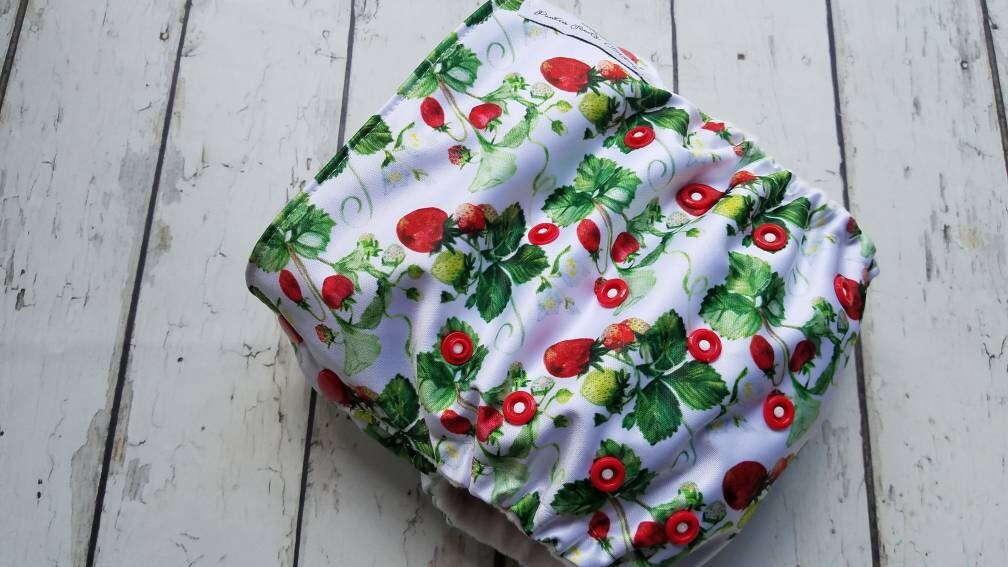 Organic One Size Side Snap All in One Cloth Diaper Ripe on the Vine/Berry Red Plaid AIO PUL 10-48 lbs