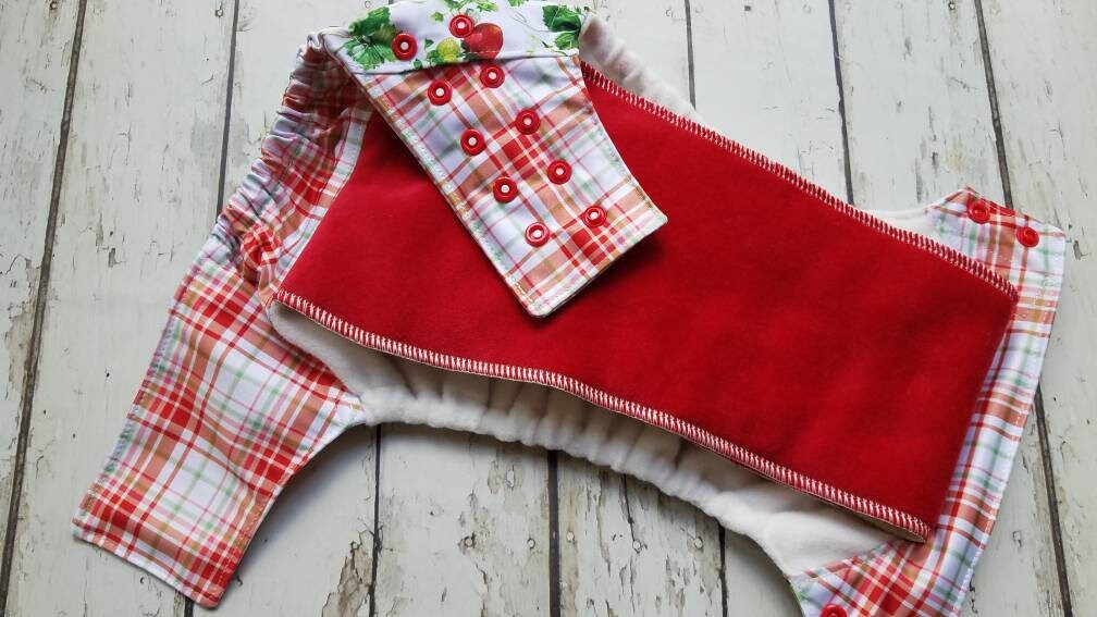 Organic One Size Side Snap All in One Cloth Diaper Ripe on the Vine/Berry Red Plaid AIO PUL 10-48 lbs