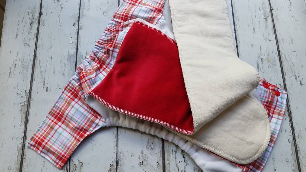 Organic One Size Side Snap All in One Cloth Diaper Ripe on the Vine/Berry Red Plaid AIO PUL 10-48 lbs