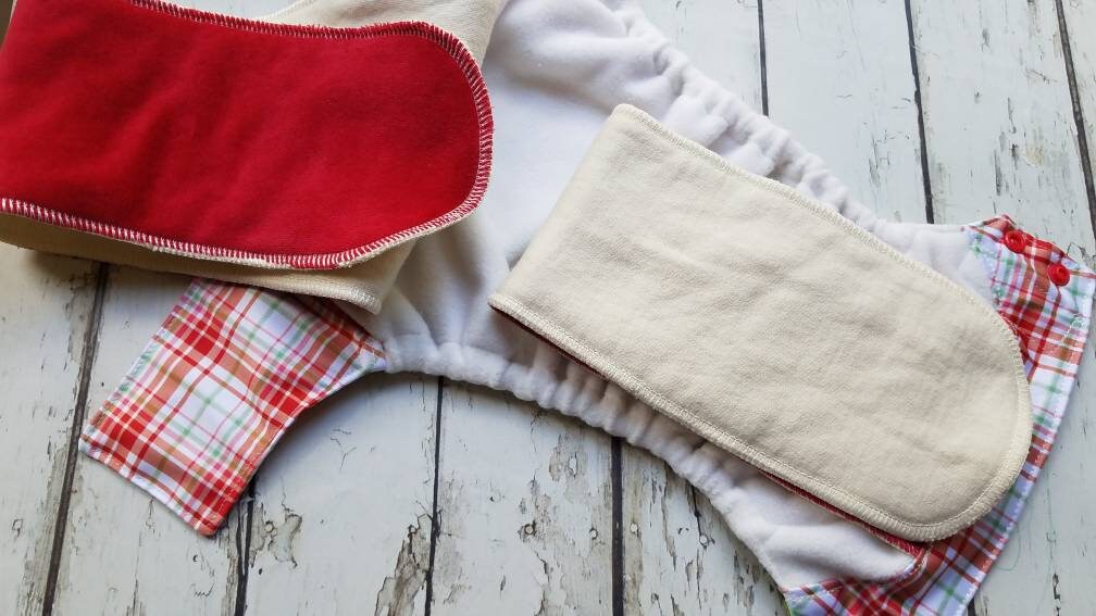 Organic One Size Side Snap All in One Cloth Diaper Ripe on the Vine/Berry Red Plaid AIO PUL 10-48 lbs