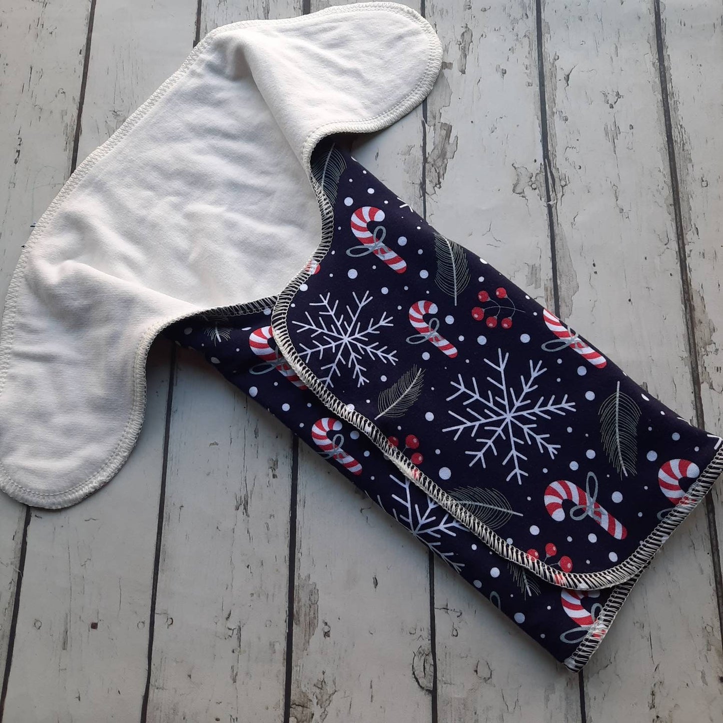 One Size Newborn Toddler Organic Winged Prefold Cloth Diaper Stretchy Preflat Candy Canes and Evergreens