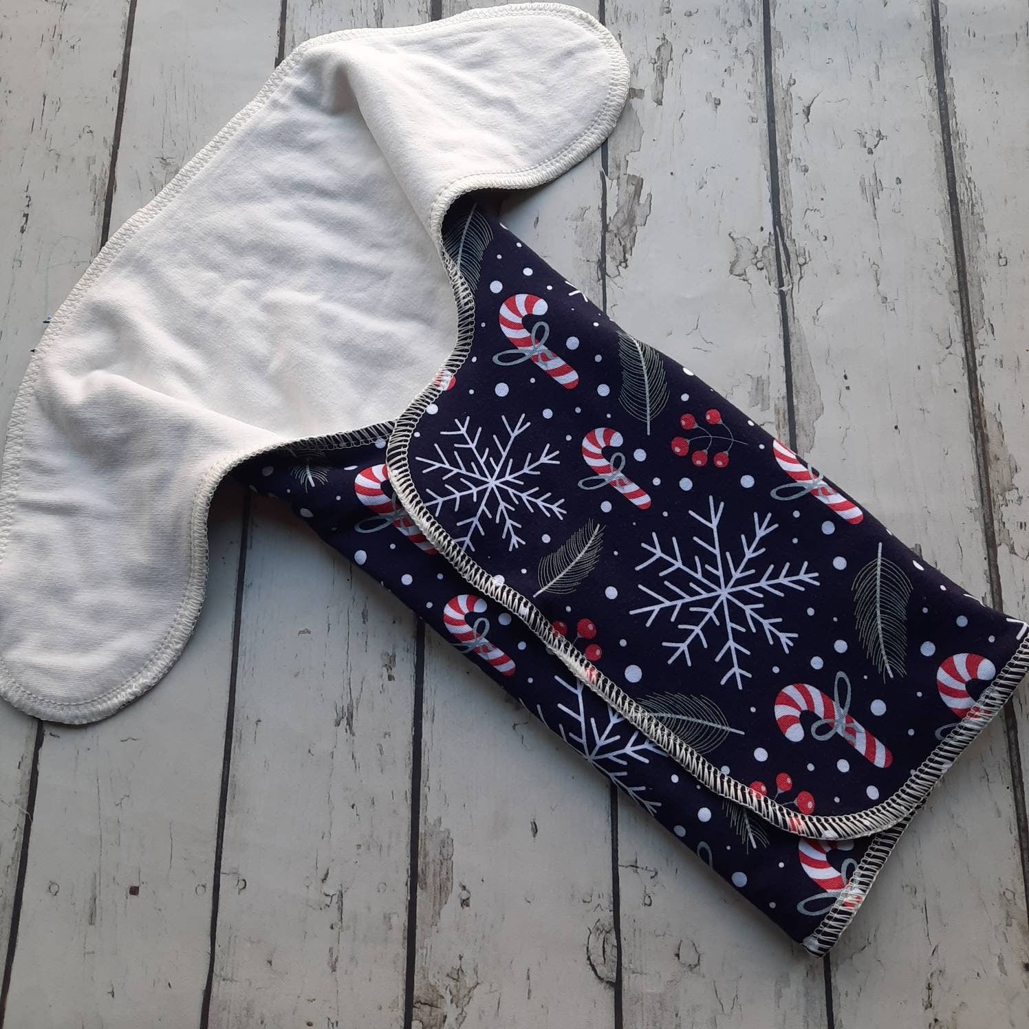 One Size Newborn Toddler Organic Winged Prefold Cloth Diaper Stretchy Preflat Candy Canes and Evergreens