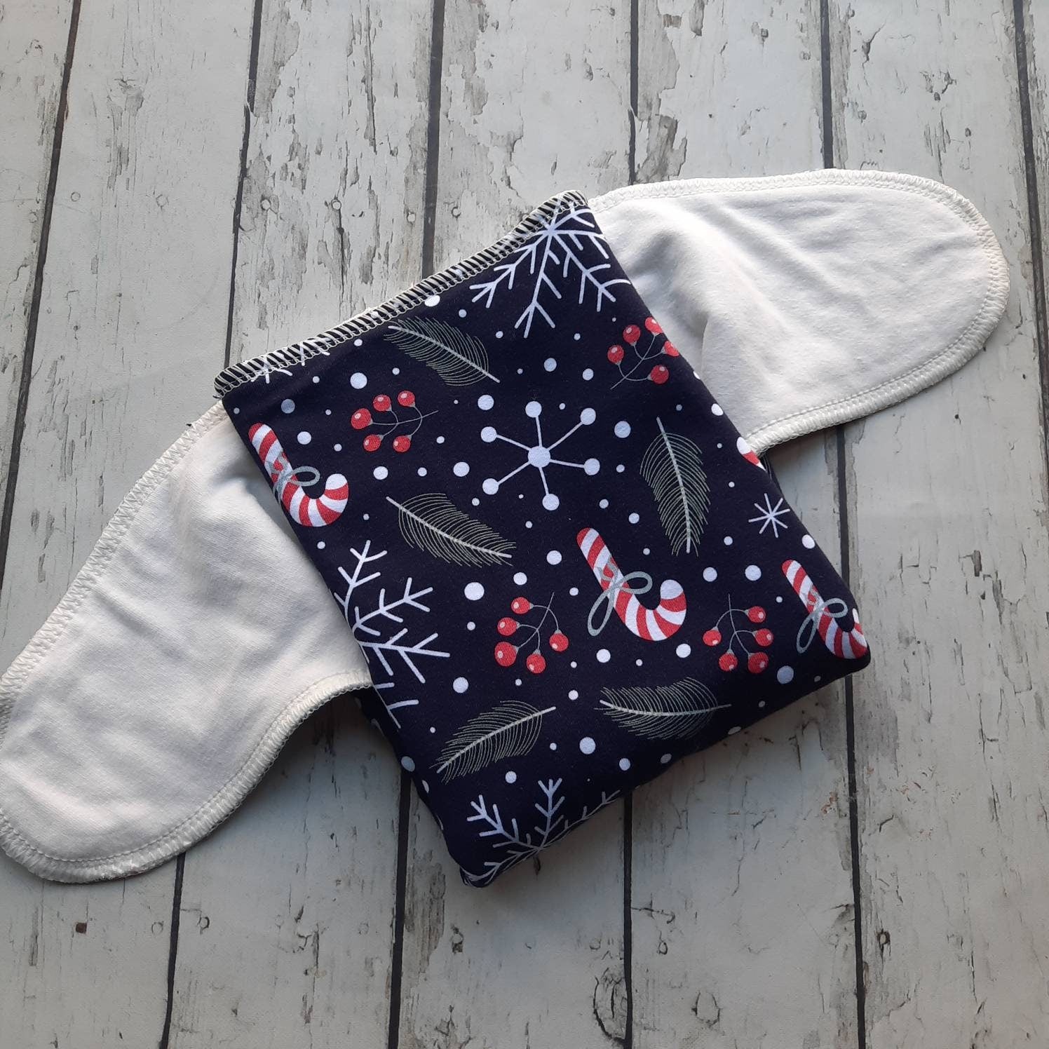 One Size Newborn Toddler Organic Winged Prefold Cloth Diaper Stretchy Preflat Candy Canes and Evergreens